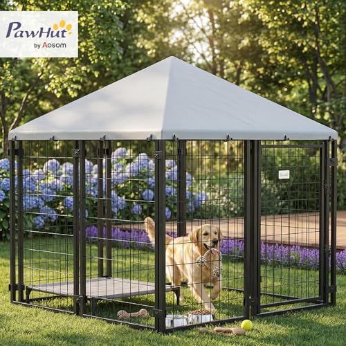 PawHut 4.7' x 4.7' x 5.1' Outdoor Dog Kennel, Welded Wire Dog Kennel Outside Run with Waterproof & UV Resistant Cover, for S&M Breeds, Chickens, Ducks, Silver