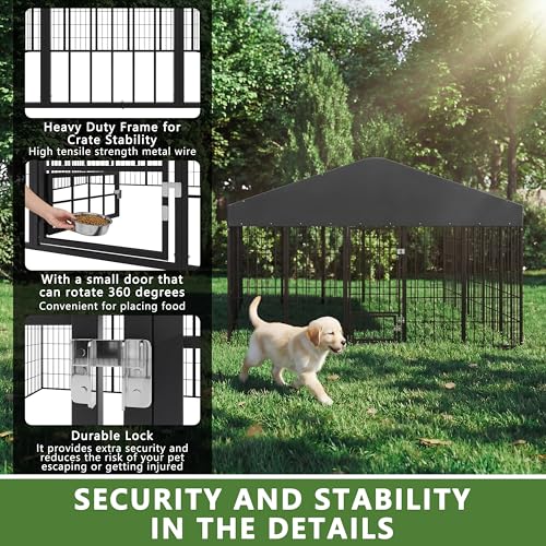 ASJMR 10x10x6 FT Large Dog Kennel Outdoor, Heavy Duty Dog Run with Waterproof Roof, Anti-Rust Galvanized Steel Dog Cage with Feeding Door, Dog Pen Enclosure with Double Locks for Outside