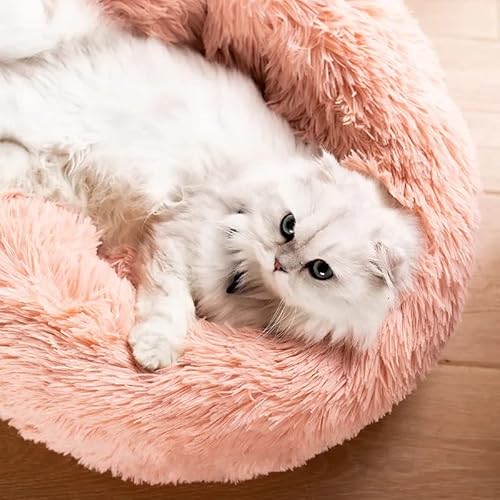 Cat Beds for Indoor Cats - Cat Bed Washable 20/24 inches, Dog Beds for Small Medium Dogs, Anti Anxiety Round Fluffy Plush Faux Fur Pet Bed, Thick Bottom (Pink, Medium)