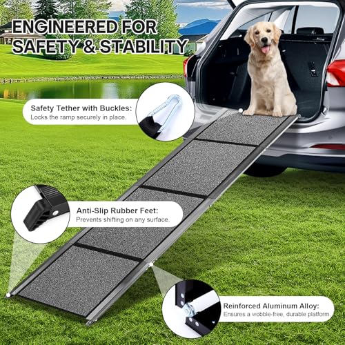 𝟕𝟏'' & 𝟐𝟎" Wide Dog Ramp for Large Dogs, Holds 250LBS & Gentle Slope for Joint Care - Dog Car Ramp with Upgrade Non-Slip Surface - Portable Folding Pet Ramps for Senior Pets Enter into SUV, Truck