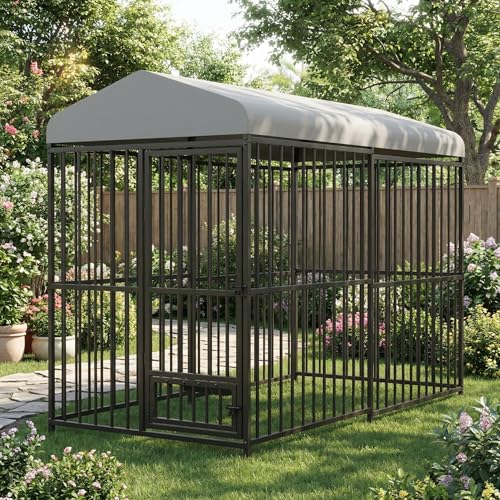 8x4x6FT Large Outdoor Dog Kennel, Heavy Duty Dog Cage with Waterproof Roof & Bowls, Dog Enclosure for Medium & Large Dogs